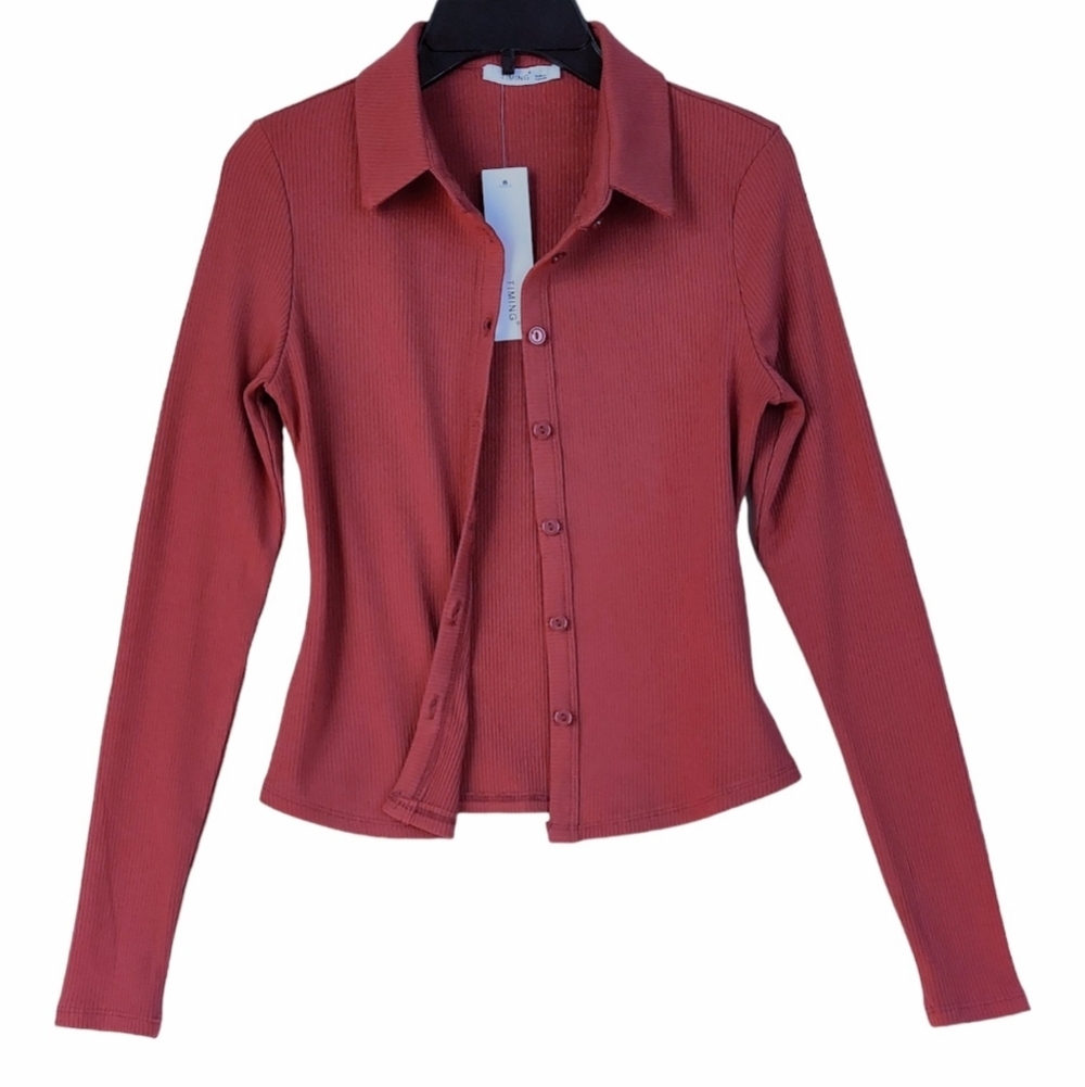 Women's Shirt Small Brick Long Sleeve Button-Up Cropped Shirt Stretch New
